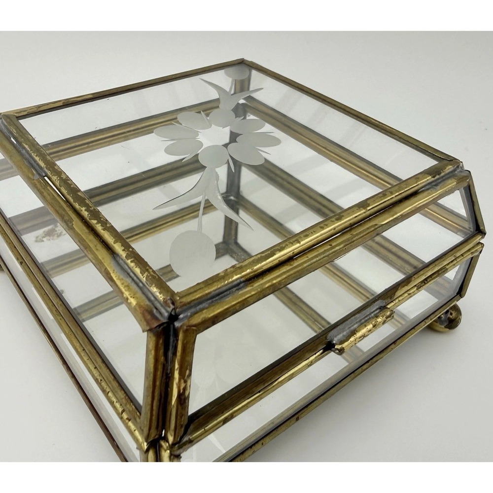 Mirrored Glass Jewelry Box Brass Trinket Etched Flower Lid Storage Display 4x4x2
